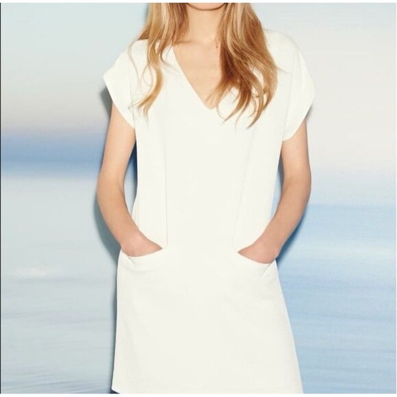 Vince White Textured Shift Dress Size S Minimalist Resort‎ V-Neck Quiet Luxury - Picture 13 of 13
